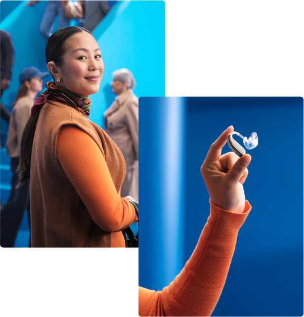 A young woman wearing Beltone Boost Max S hearing aids  using the Clear Focus feature is not distracted while holding the Beltone Boost Max S hearing aid in her hand, highligting its sleek and small design.