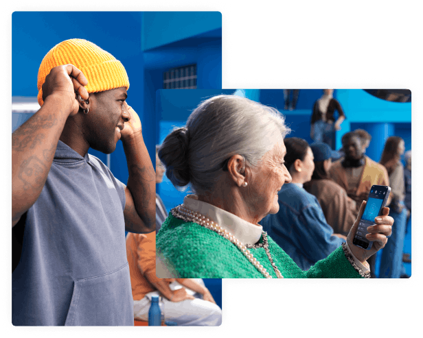 A smiling man putting on a beanie without experiencing any feedback thanks to the feedback management system and a smiling woman wearing Beltone Boost Max S hearing aids enjoys seamless audio streaming via Auracast Assistant.