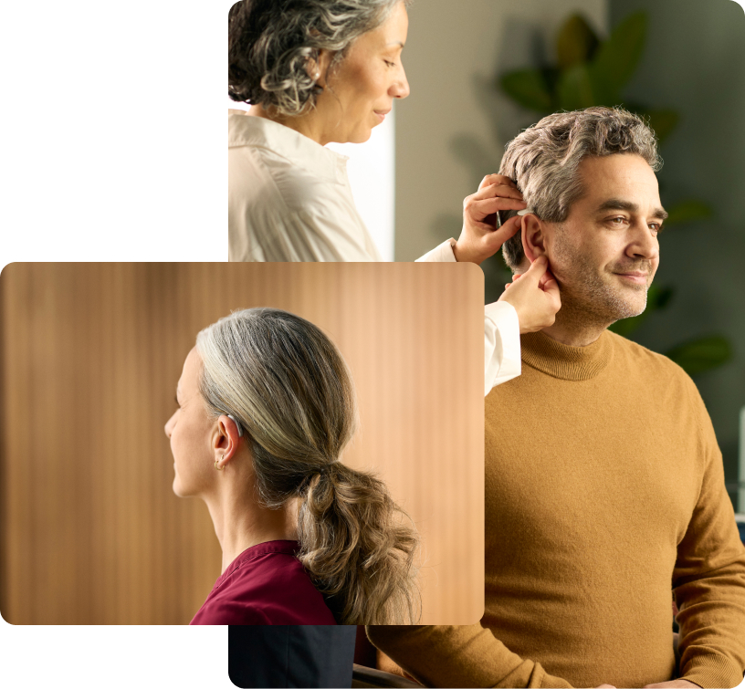 Woman and man shown in overlapping portrait frames against a soft neutral background