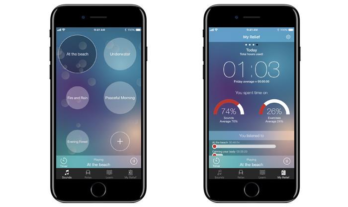 Screens der ReSound Relief App: Farbschema und personalisierte Klanglandschaft.