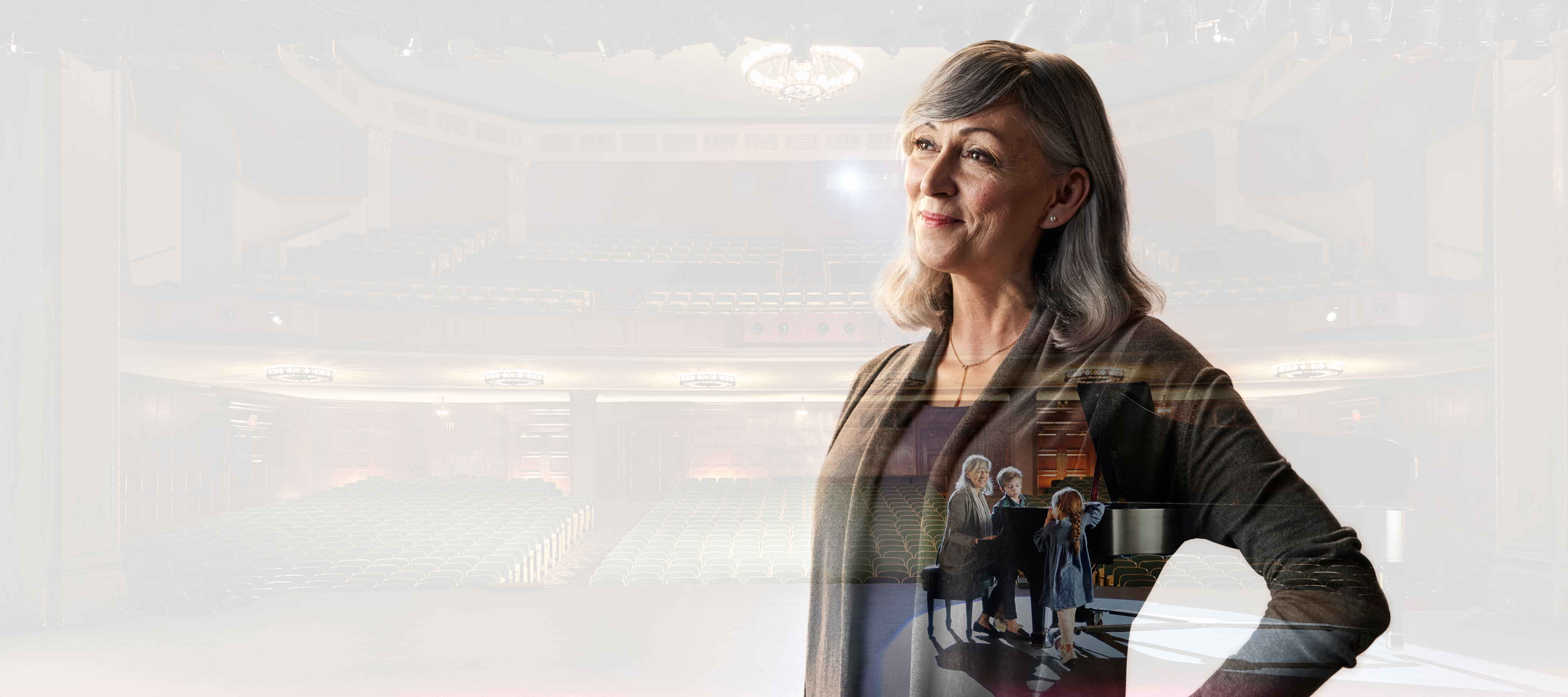 Lady enjoying piano time with grandkids using ReSound LiNX Quattro hearing aid