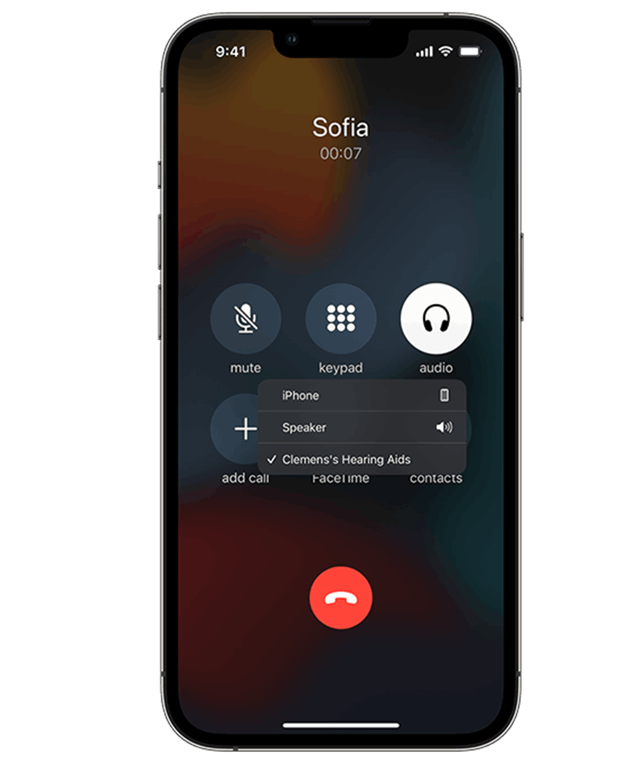 iPhone displaying a call being streamed to a user's hearing aids