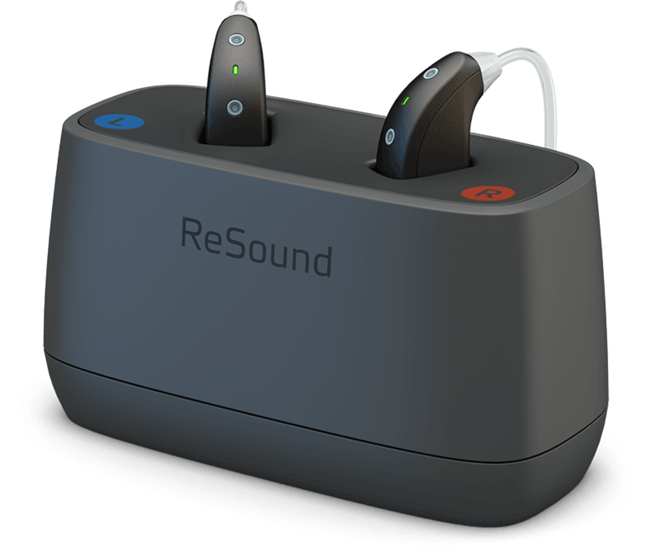 ReSound ONE BTE 77 hearing aids placed in Desktop charger