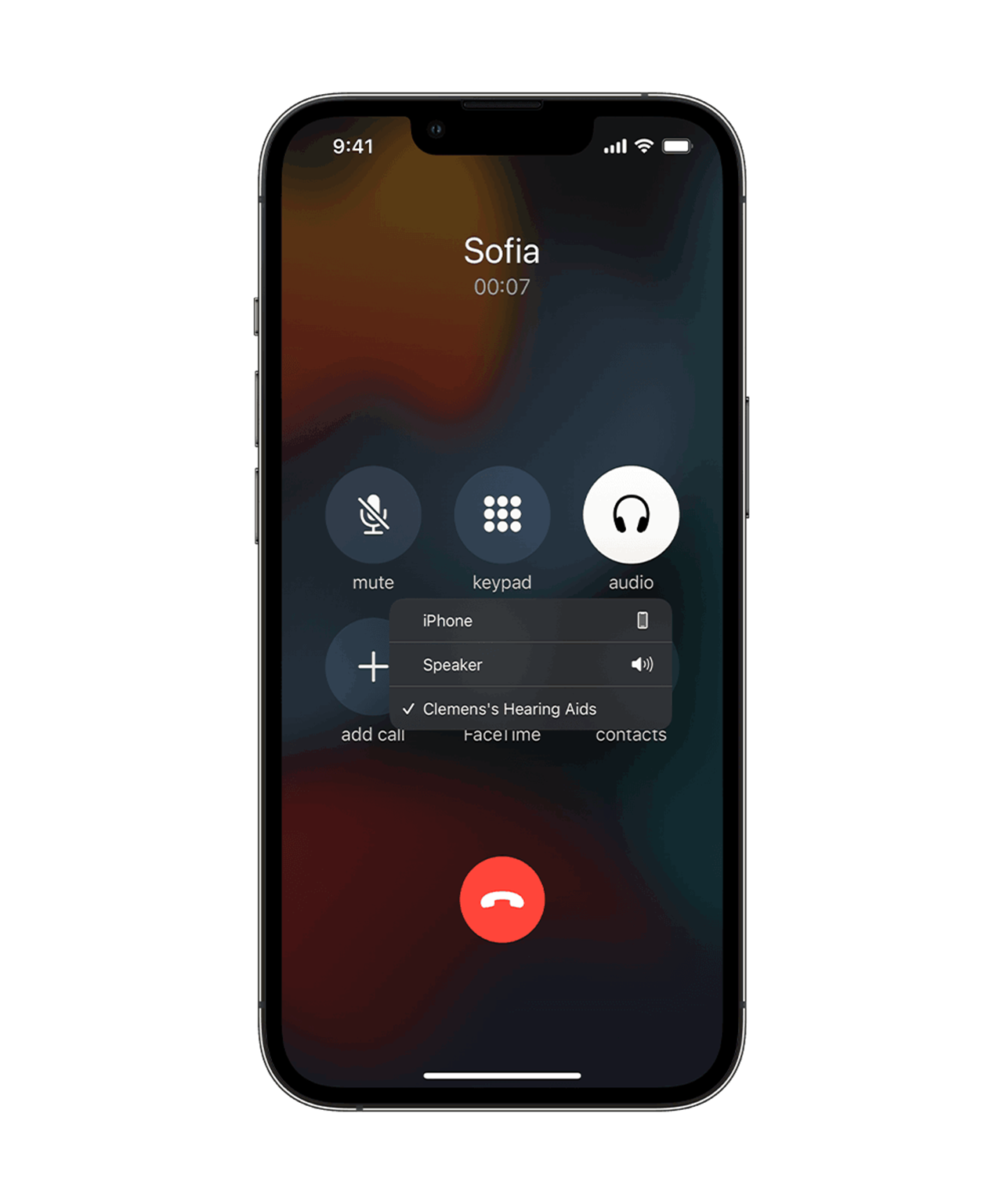 iPhone, der viser et opkald, der streames til en brugers høreapparater